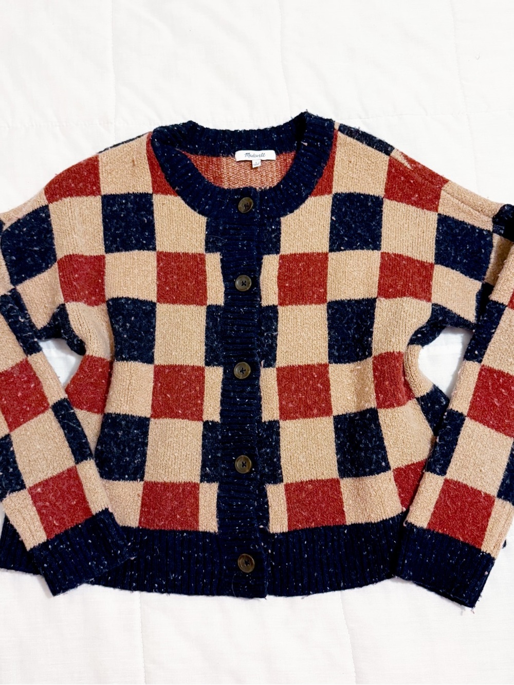 Madewell tan blue & red checkered cardigan